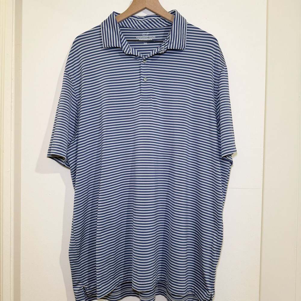 Vineyard Vines Performance Polo Shirt 2XL Blue White Striped Golf Preppy Coastal